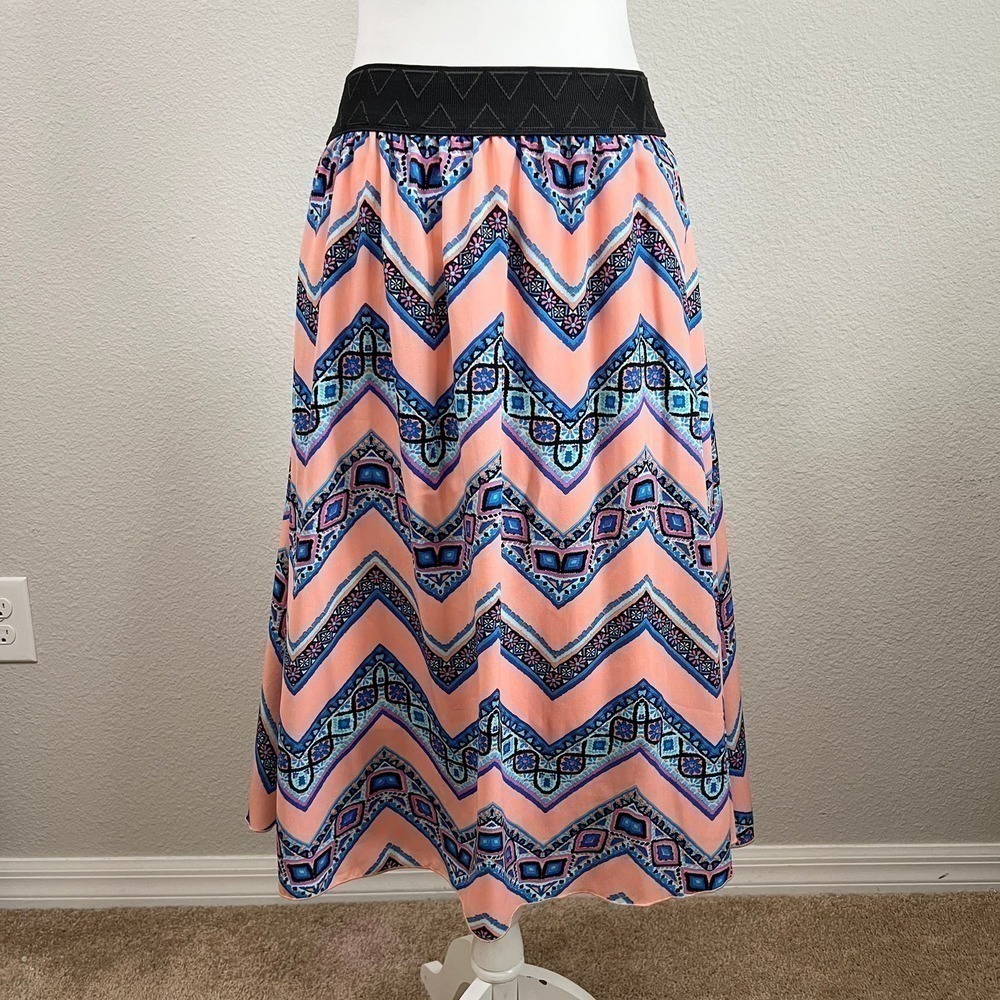 Lularoe Lola Skirt Women's S Midi Pink Chevron Elastic Waist Floral